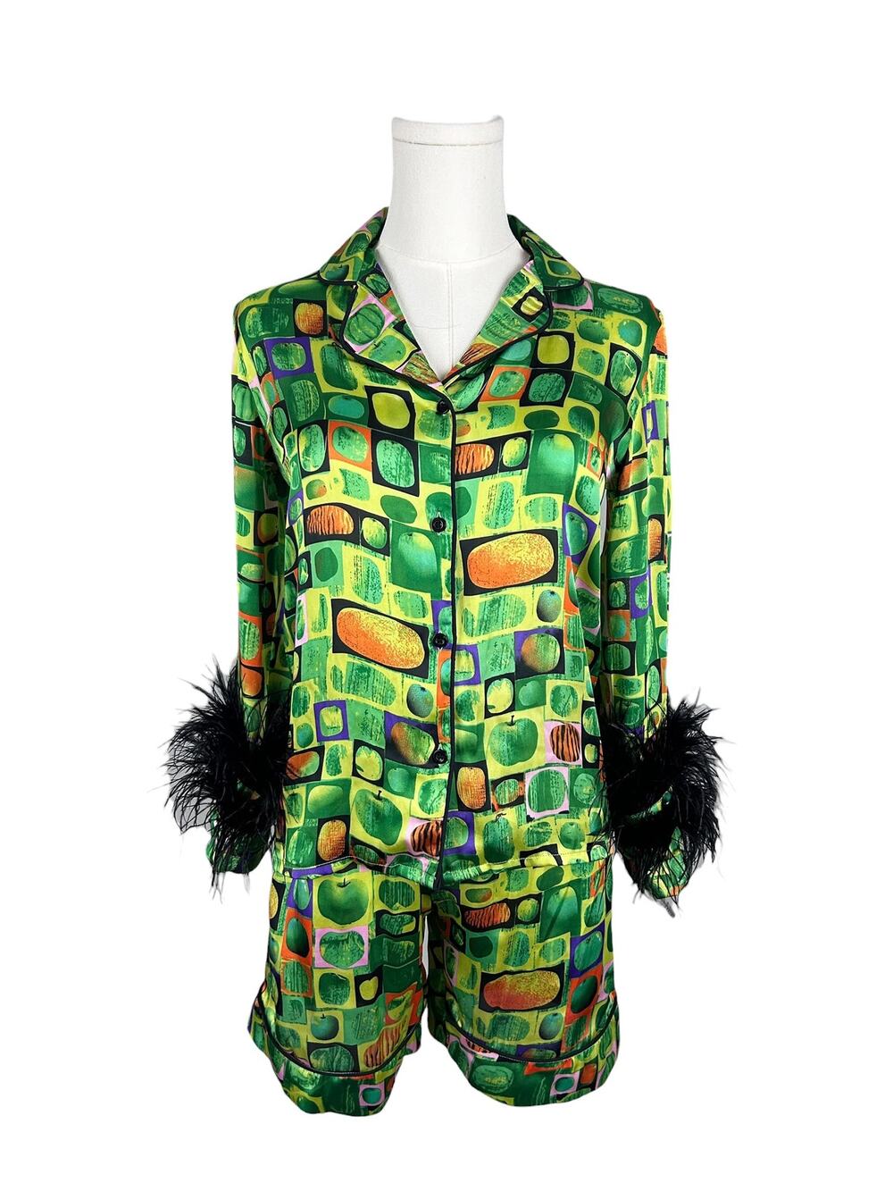 Vintage Y2K Abstract Printed Feather Trim Satin Lounge Pajama Set S